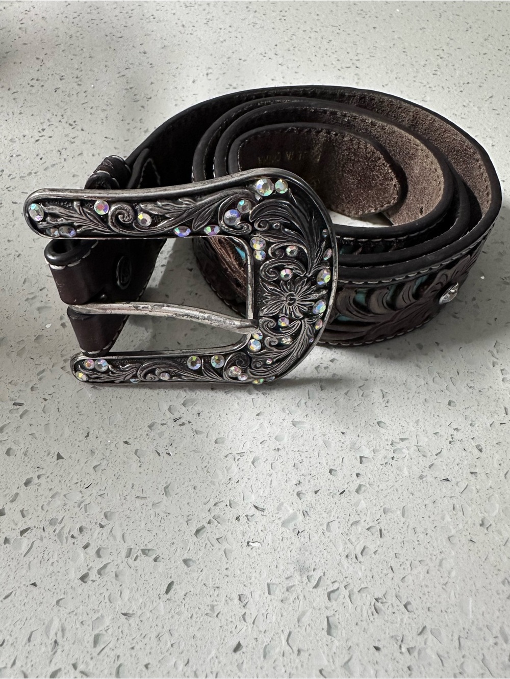 ARIAT Western-Style Brown Leather Belt with Decorative Rhinestone Buckle